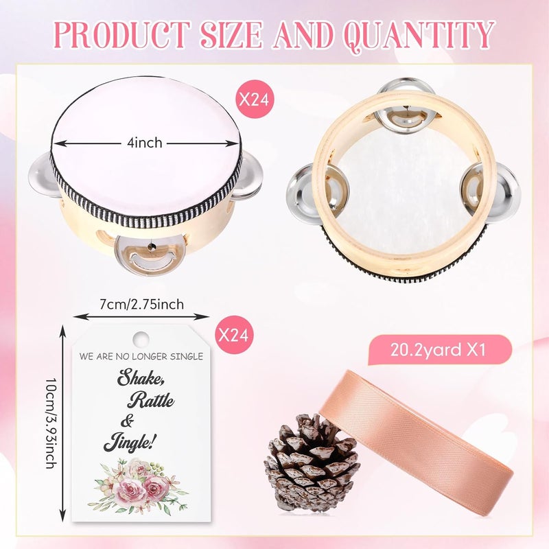 Lukmaa 24 Set 4 Inch Tambourine for Adults Tambourines Bulk Wooden Hand Held Drum with Metal Jingles, Gift Tags, Beige Ribbon Percussion Gift Musical Instrument for Church Wedding Party Favor - Image 2